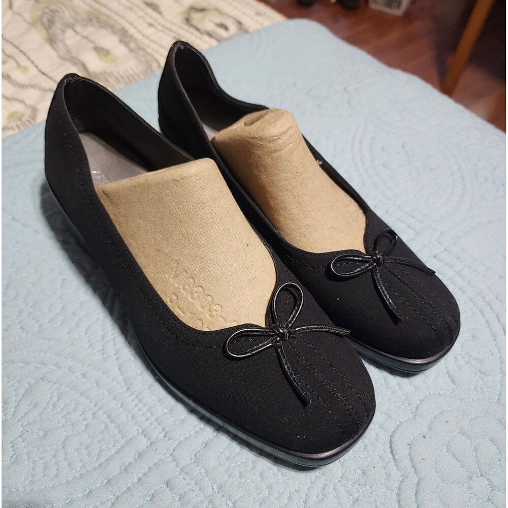Aerosoles Women's Black Fabric Slip-On Wedge Heels w/ Bow, Round Toe US 8